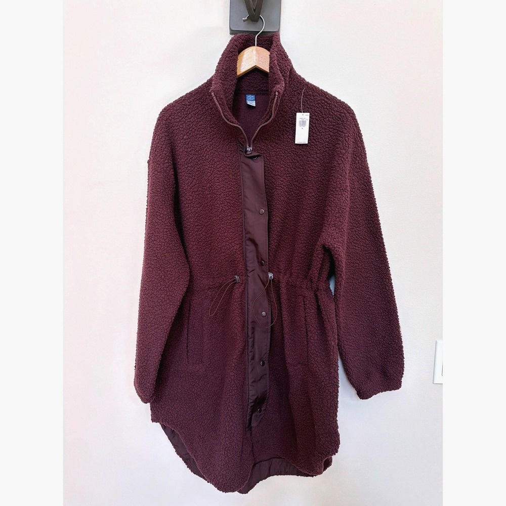 NWT Old Navy Womens M Long Sherpa Parka Fleece Coat Burgundy Jacket Oversized